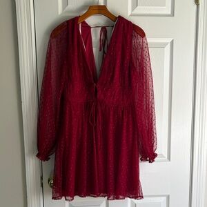 Lulu's Burgundy Sheer Dot Long-Sleeve Mini Dress